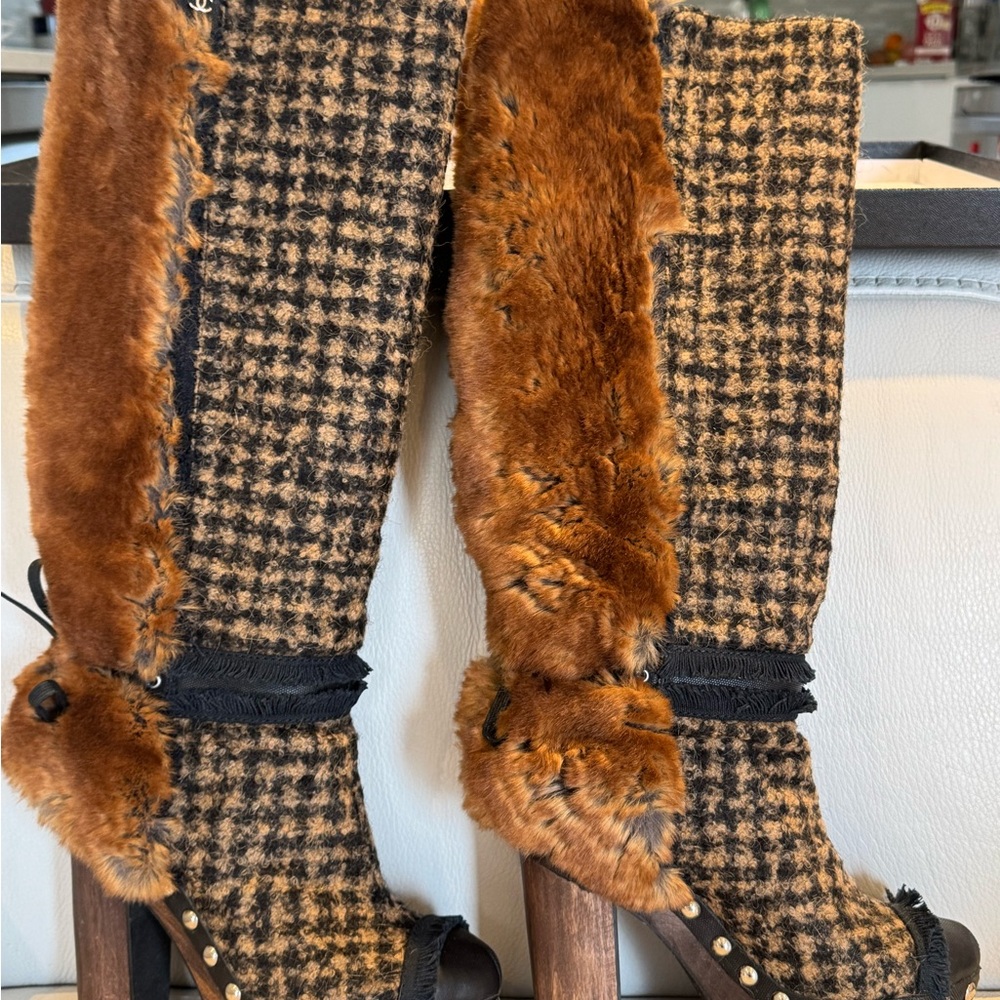Chanel tweed fantasy fur cc high boots